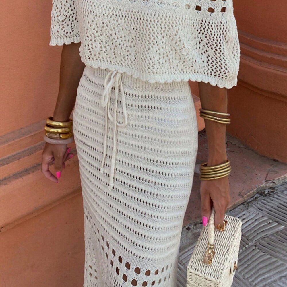 Apricot Elegant Women's Long Tube Top Short Sleeve Off Shoulder Knit Tie-Up - Picture 5 of 9